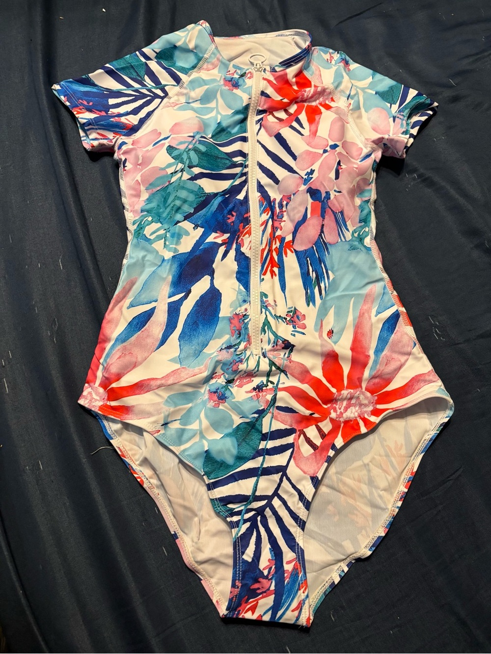 Tropical Floral Zip-Front One-Piece Swimsuit - Multicolor